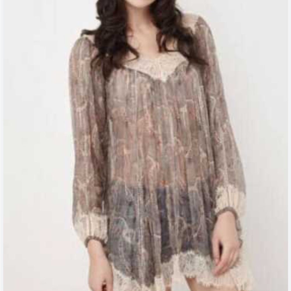 Zimmermann master eyelash smock Sheer Lace Blouse in Cream and Brown